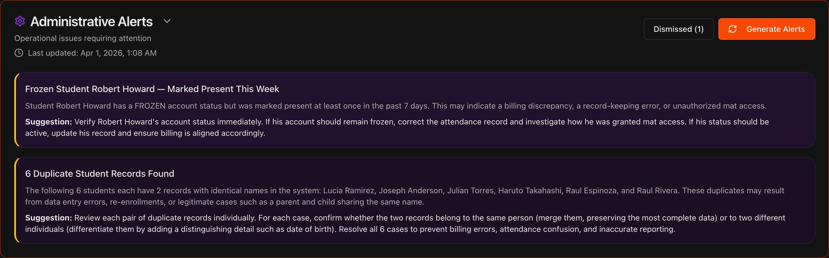 Overview page with Administrative Alerts section expanded