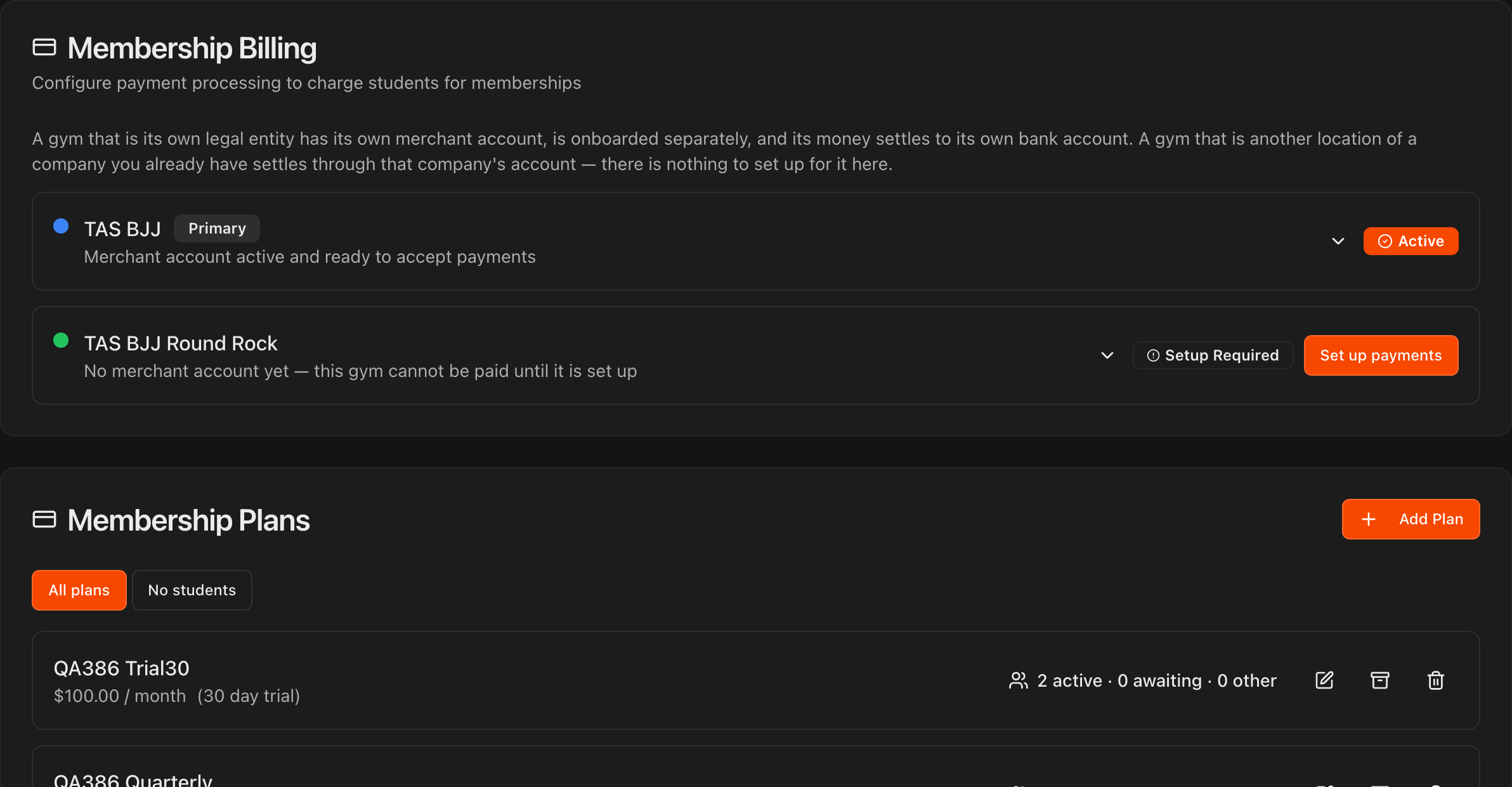 Payments page showing Membership Billing with a row per gym and its payment status