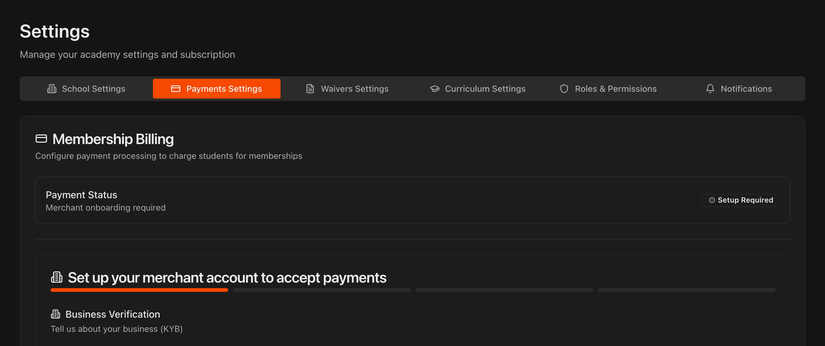 Payments Settings tab showing Payment Status as Setup Required and the merchant account application