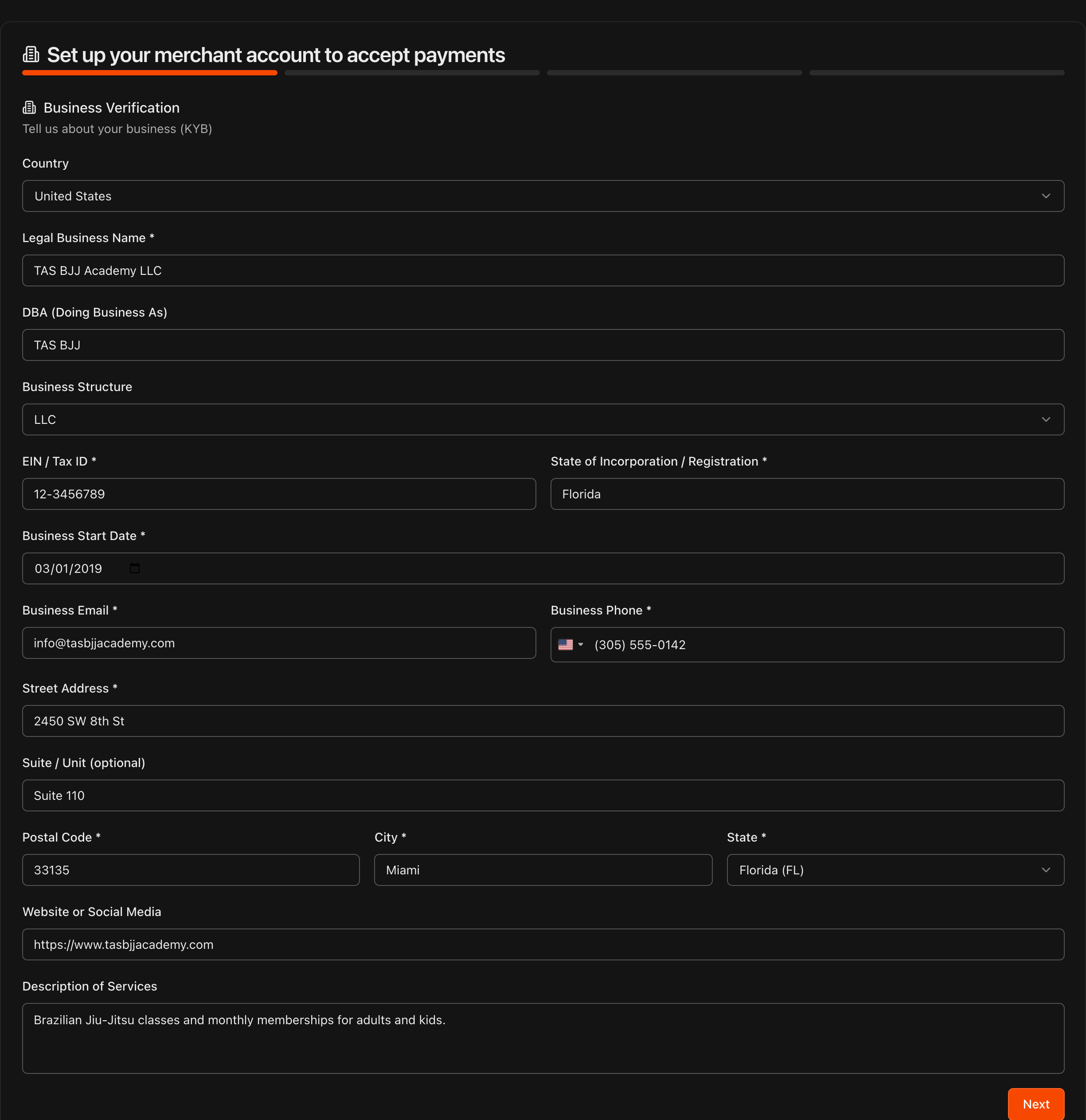 Business Verification page of the merchant account application