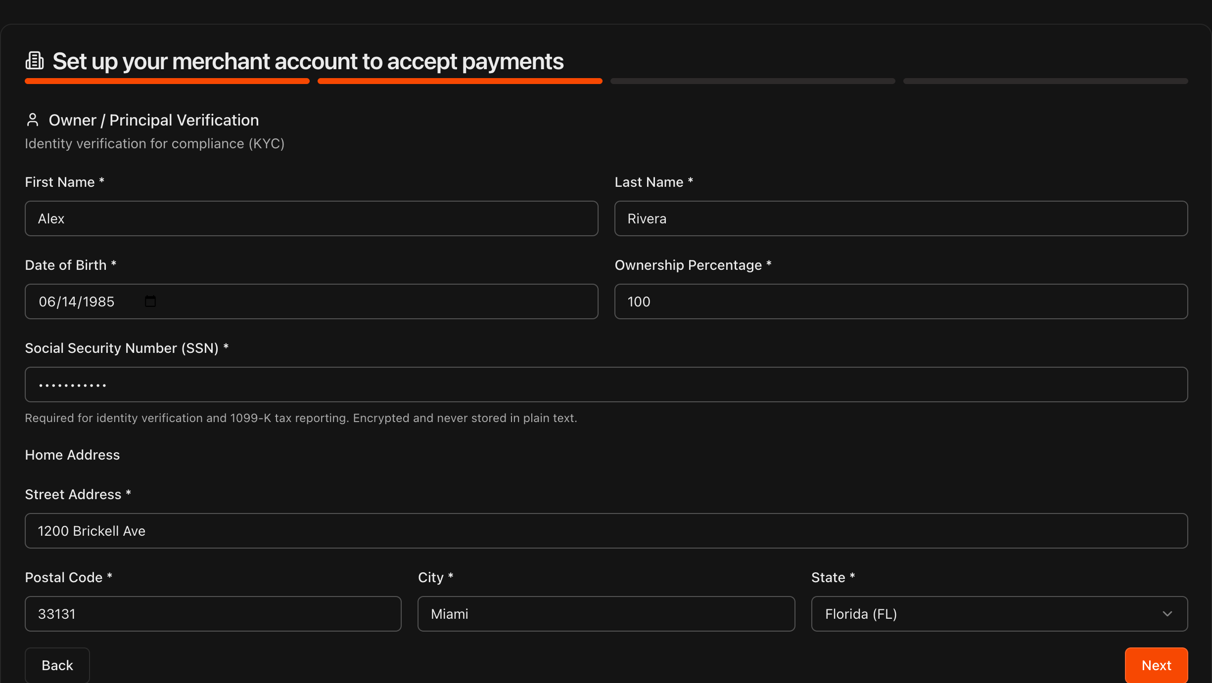 Owner / Principal Verification page showing SSN and Home Address fields