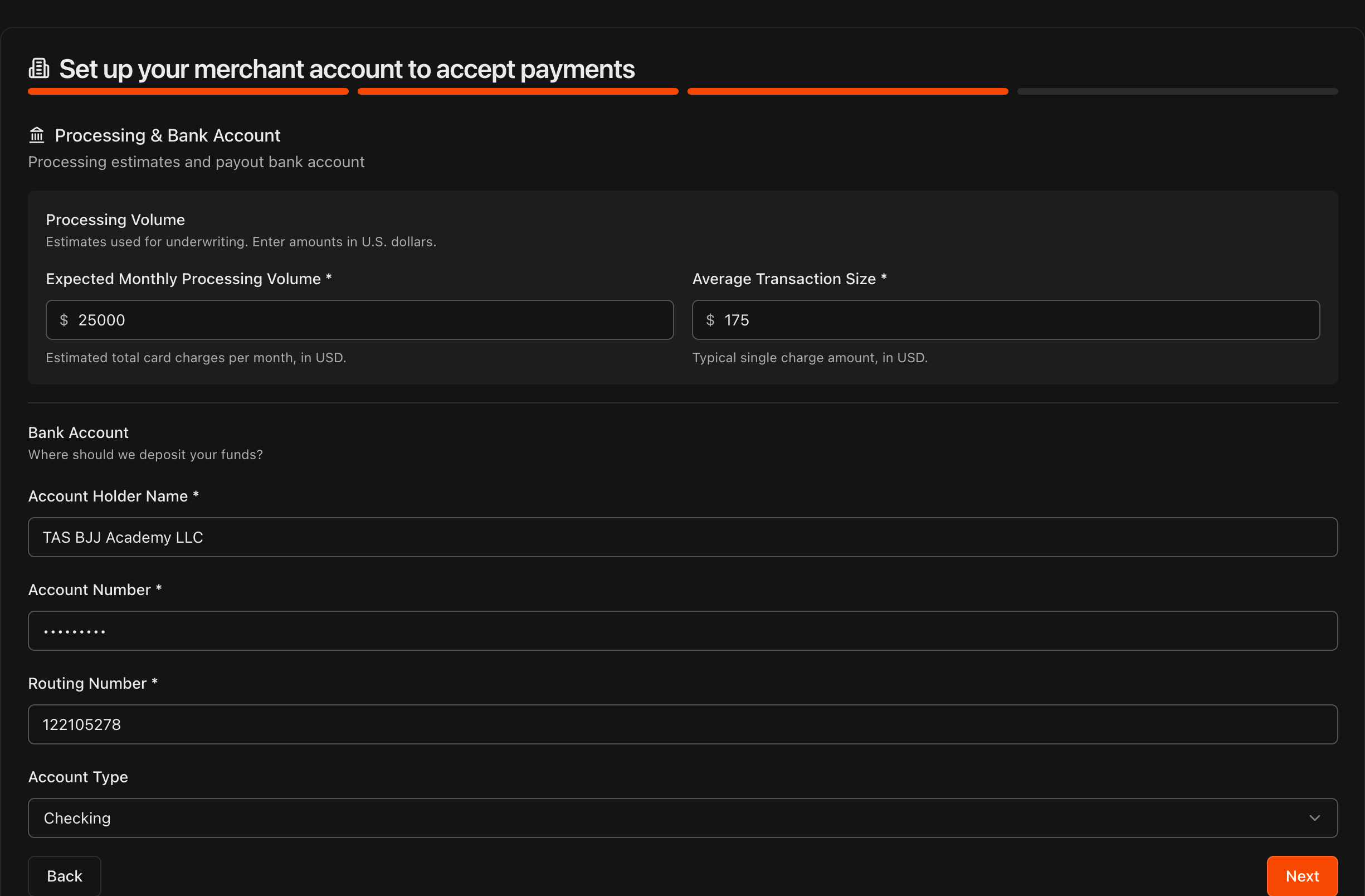 Processing & Bank Account page showing volume estimates and bank account fields