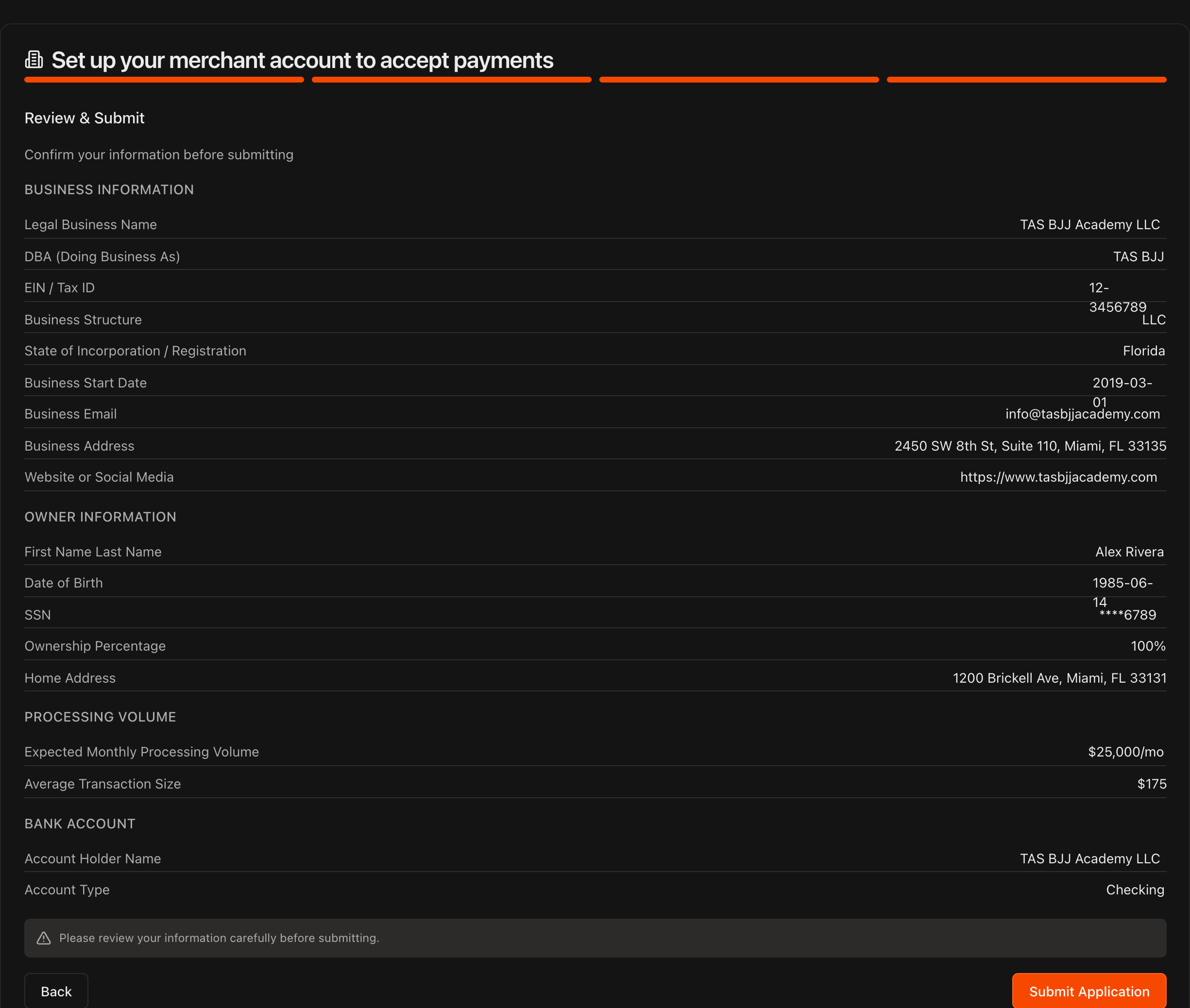 Review & Submit page showing a summary of the merchant account application