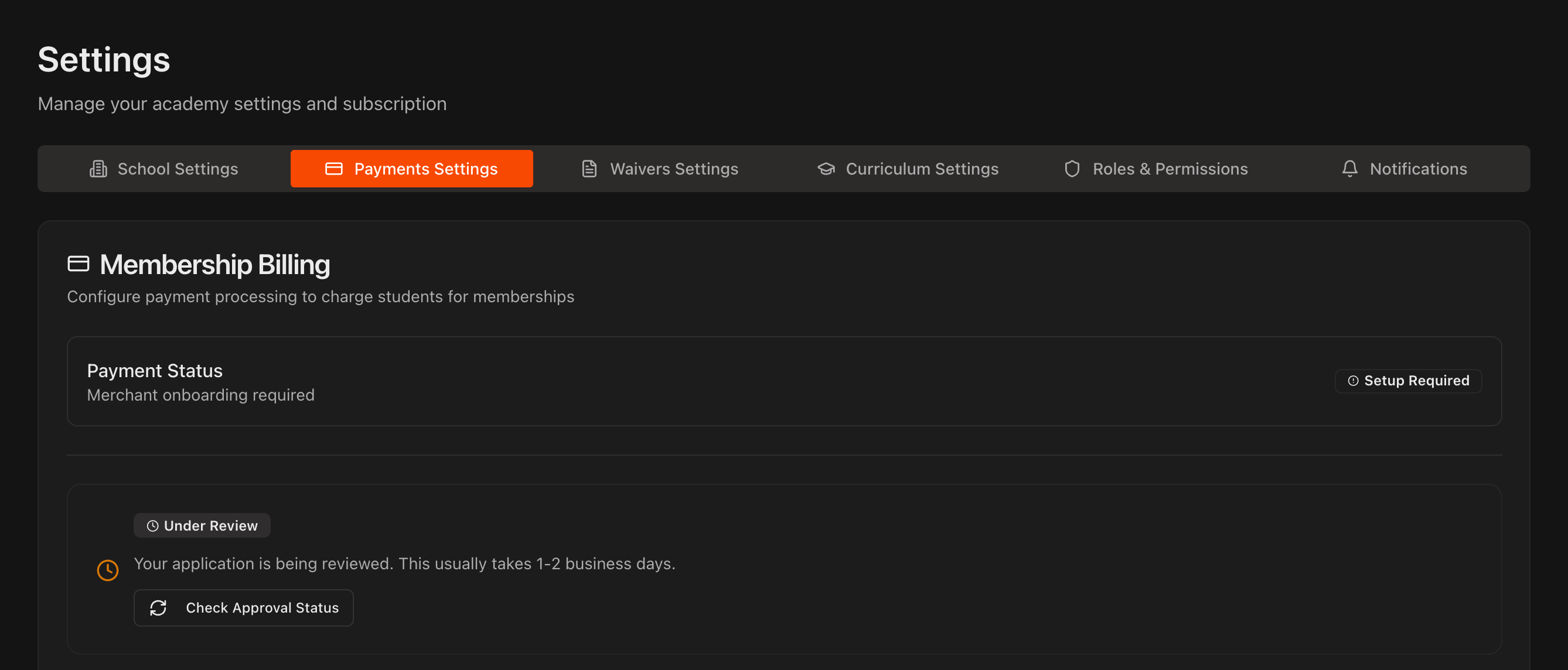 Payments Settings tab showing the Under Review status and Check Approval Status button