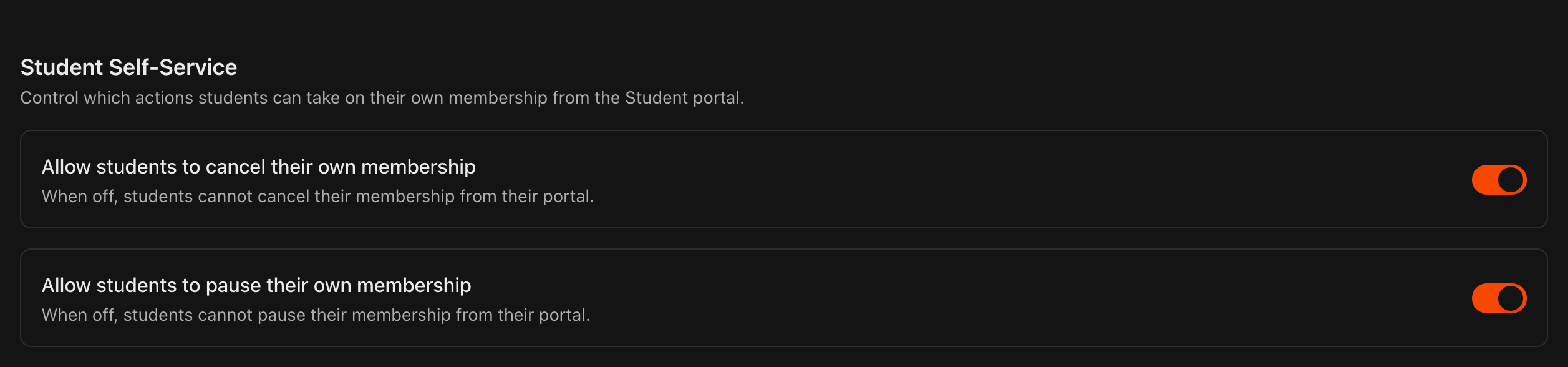 Payments Settings tab showing the Student Self-Service section with cancel and pause toggles