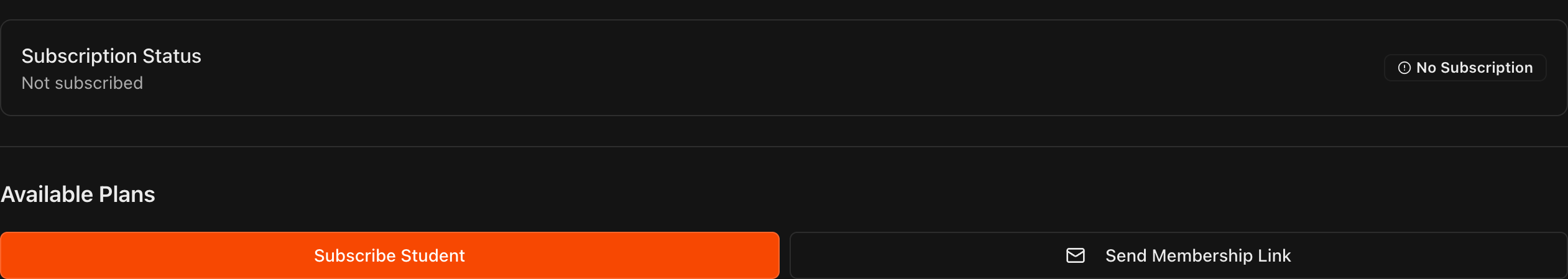 Student Billing tab showing Available Plans with Subscribe Student and Send Membership Link buttons