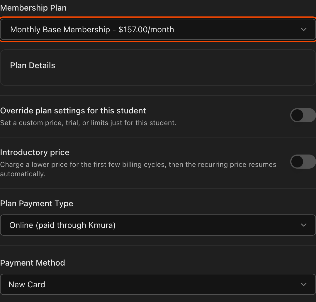 Subscribe Student pop-up expanded with Override, Introductory price, and Payment Method options
