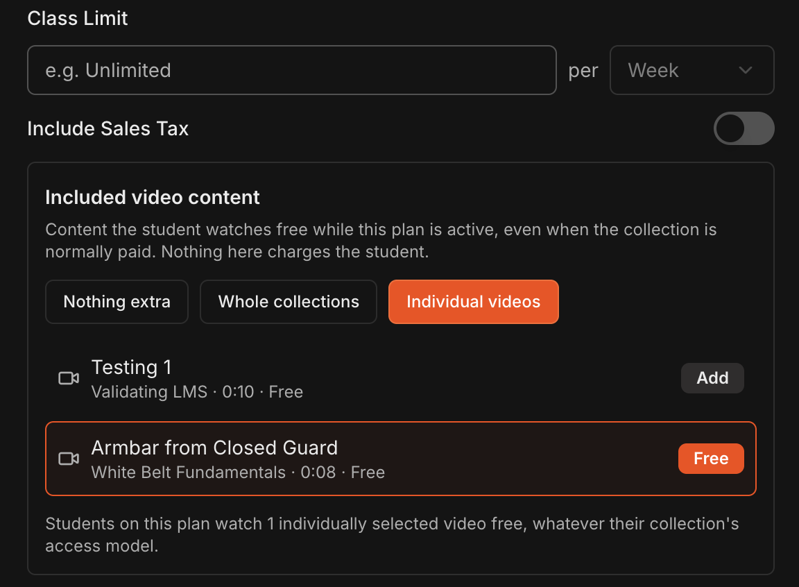 Override section of the Subscribe Student dialog showing Included video content with Individual videos selected and one video marked Free