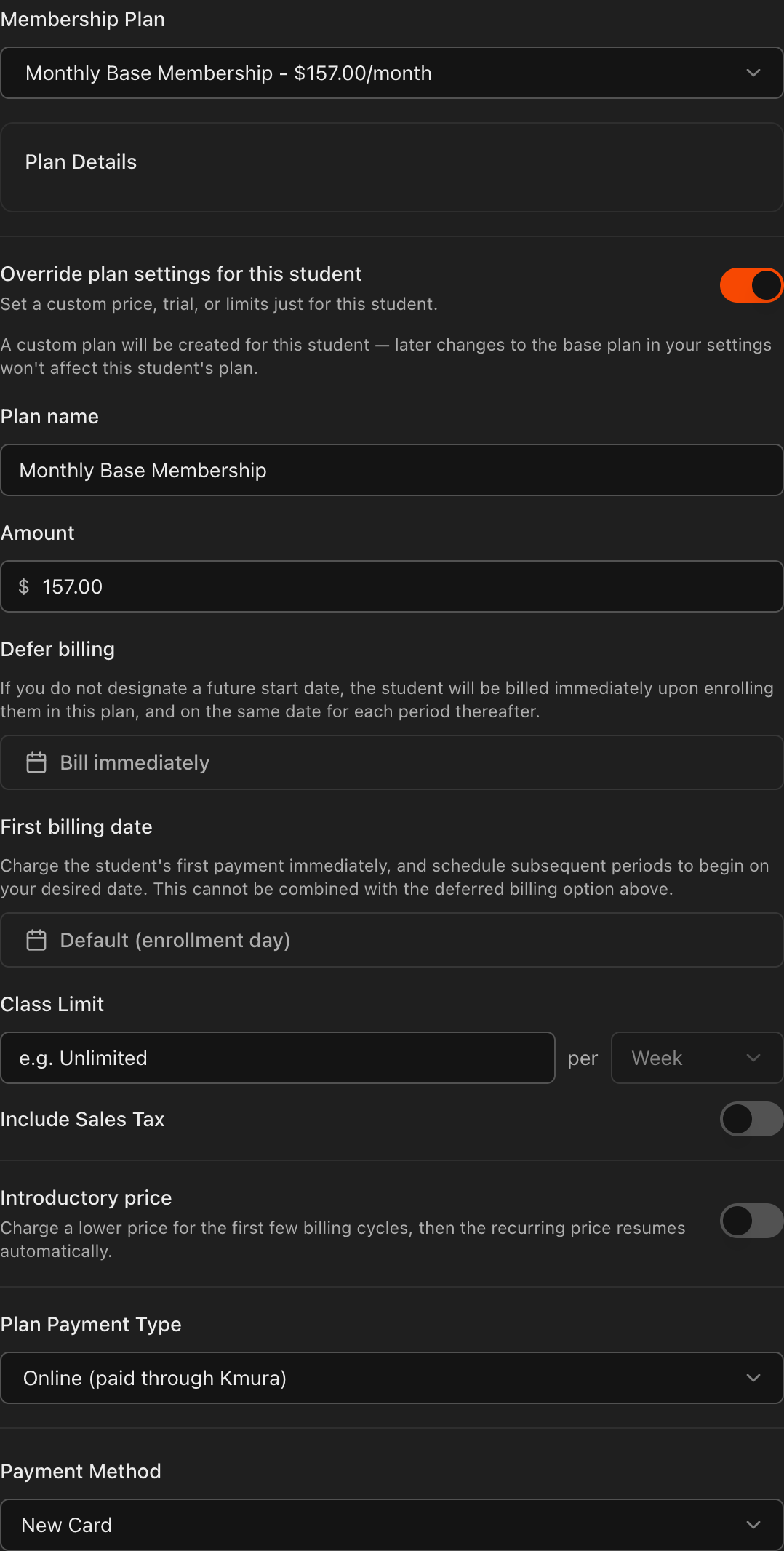 Override plan settings section showing custom Amount, Class Limit, Defer billing, and First billing date fields