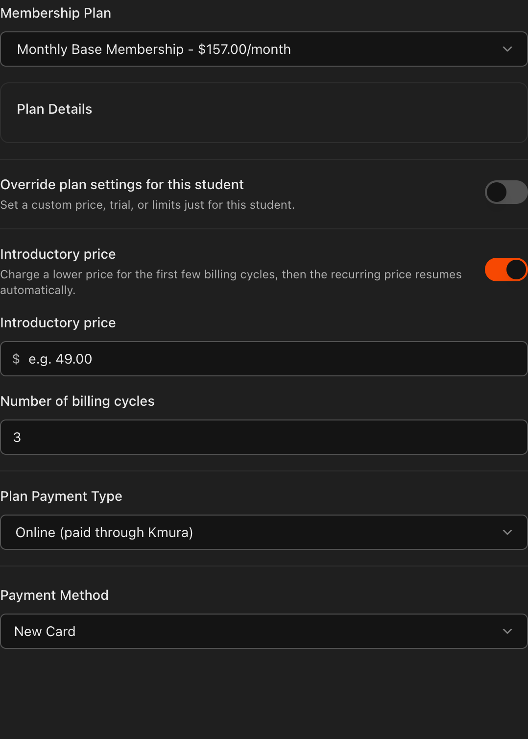 Introductory price toggle expanded showing discounted price and number of billing cycles fields
