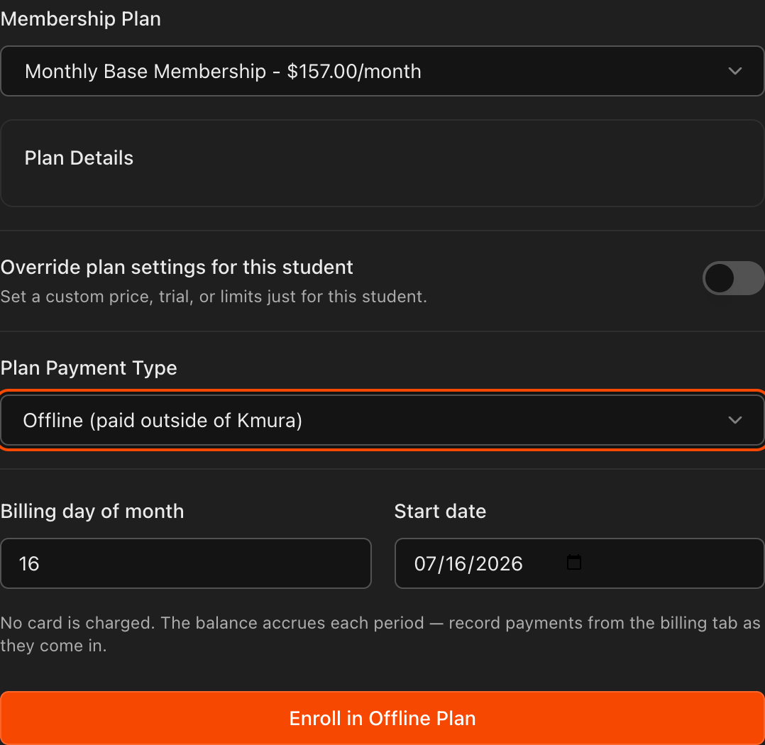 Plan Payment Type set to Offline showing Billing day of month and Start date fields
