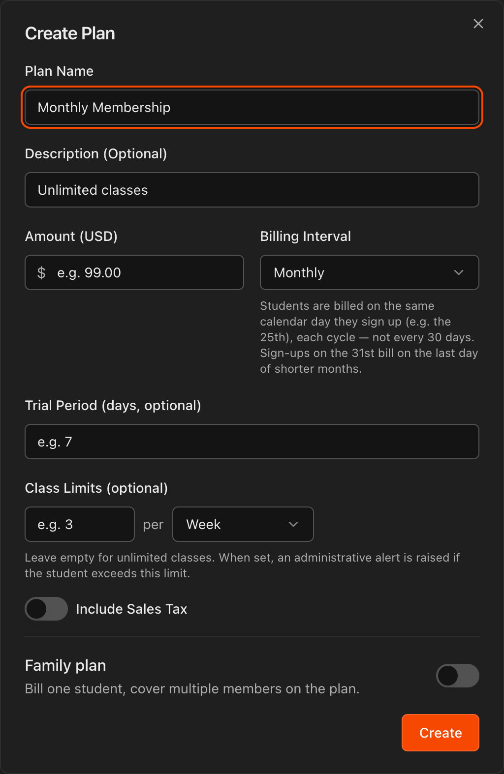 Create Plan dialog showing Plan Name, Amount, Billing Interval, Trial Period, and Class Limits fields