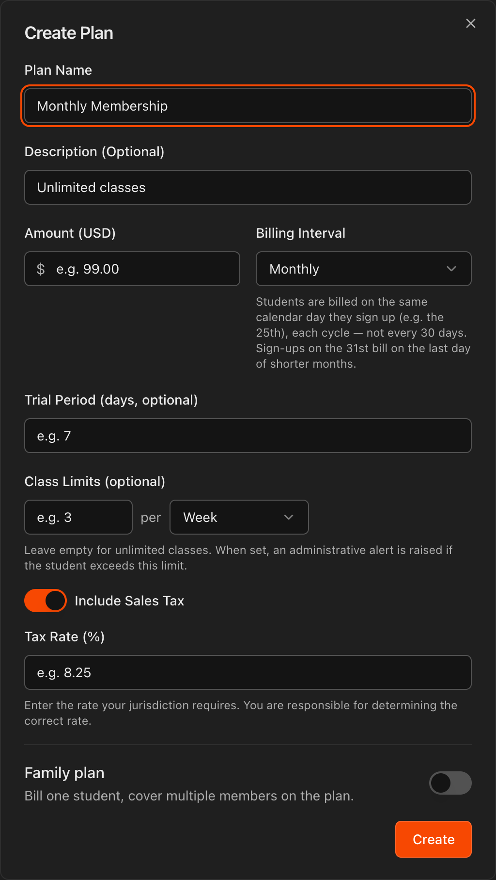 Create Plan dialog showing the Include Sales Tax toggle and Tax Rate field