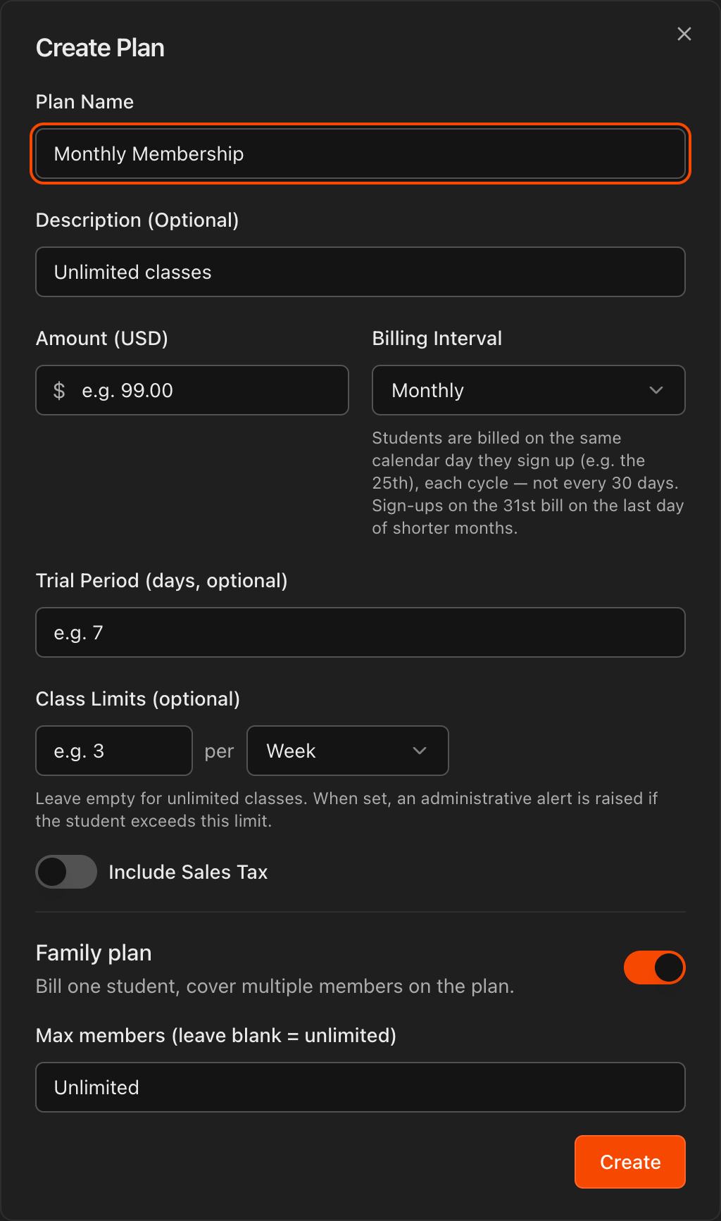 Create Plan dialog showing the Family plan toggle and Max members field