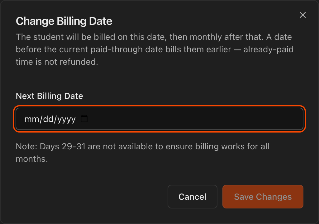 Change Billing Date dialog with the Next Billing Date field