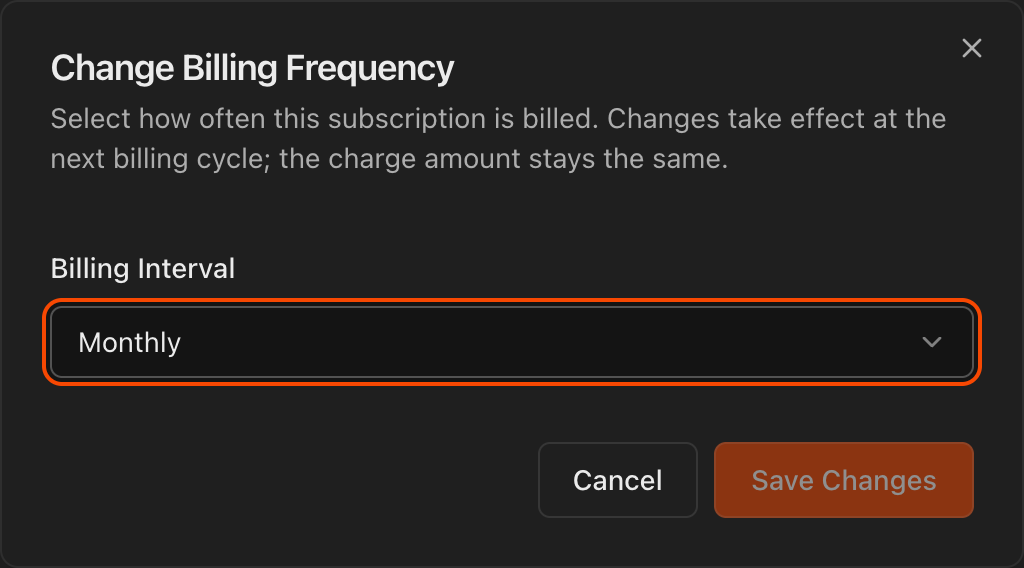 Change Billing Frequency dialog with the Billing Interval dropdown