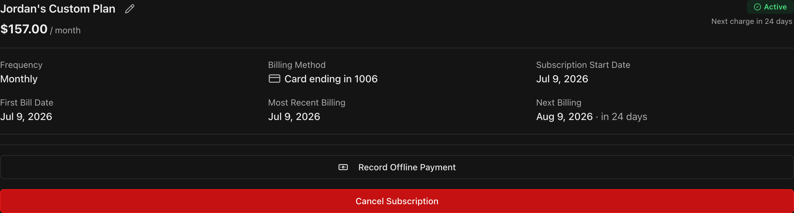 Student Billing tab header showing plan name, price, Frequency, Billing Method, and Next Billing date