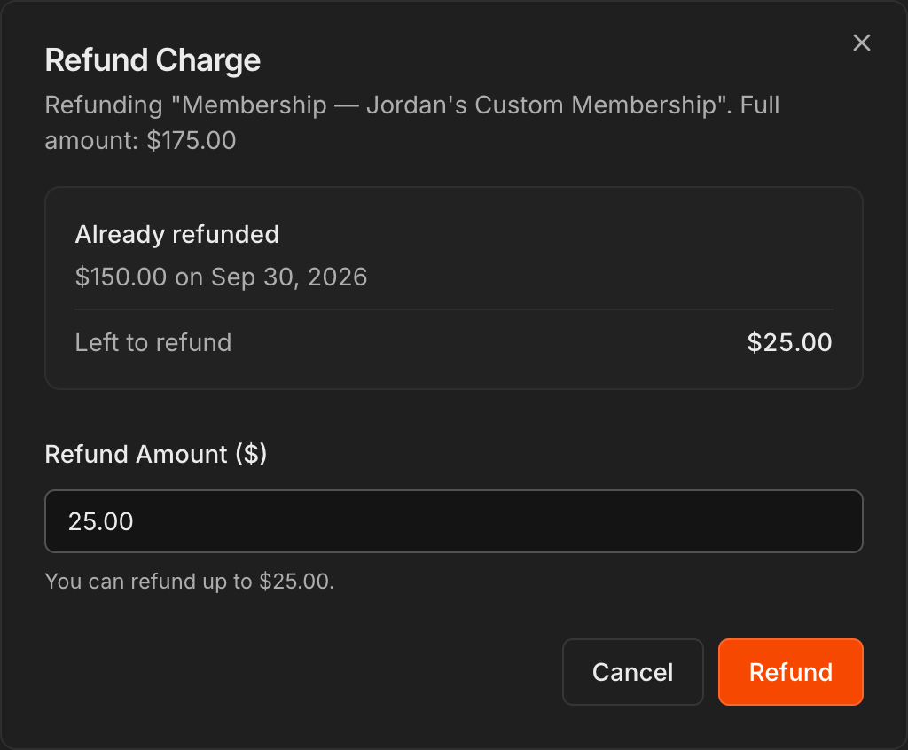 Refund Charge dialog showing $150.00 already refunded on Sep 30, 2026, $25.00 left to refund, and the refund amount field