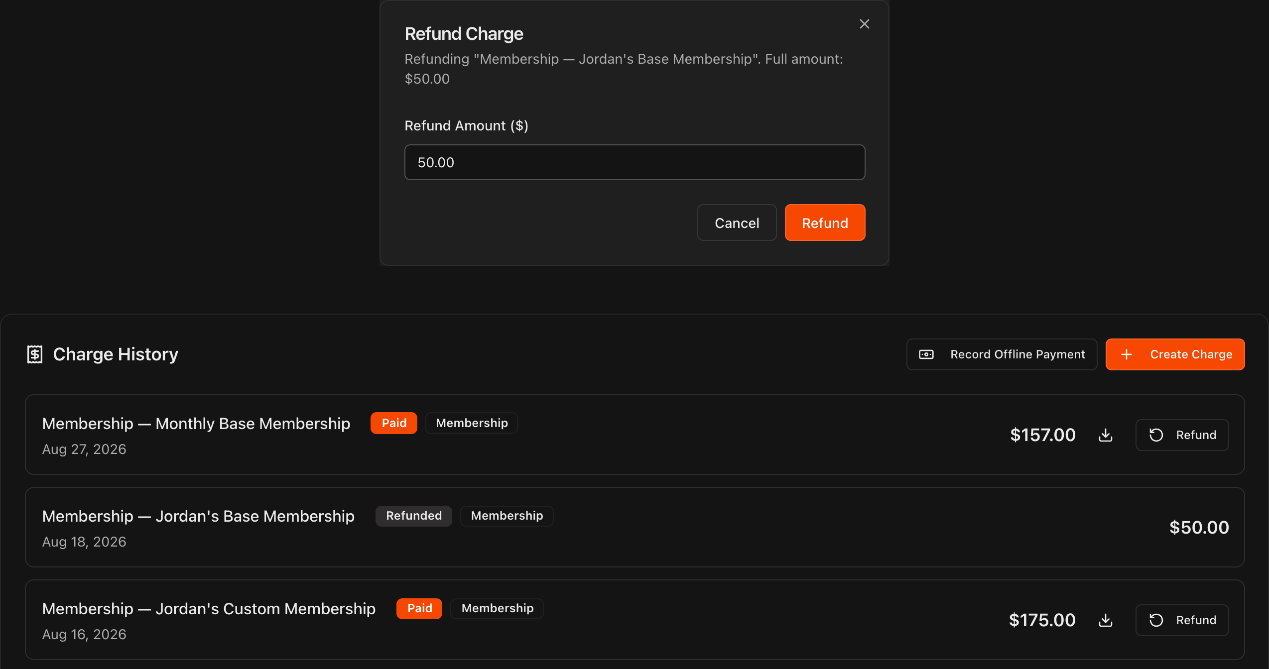 Refund Charge dialog showing the refund amount field