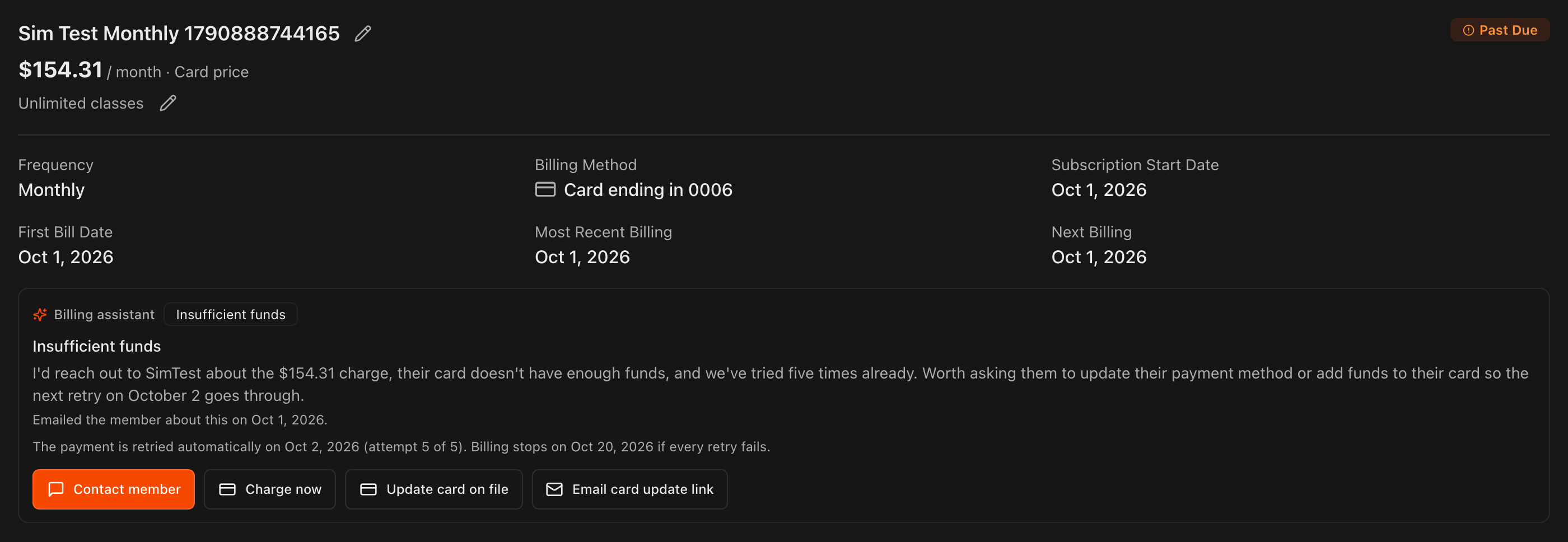 Membership card on the Billing tab with a Past Due badge and the Billing assistant showing the decline reason, the suggestion, the retry schedule, and the Contact member, Charge now, Update card on file and Email card update link buttons
