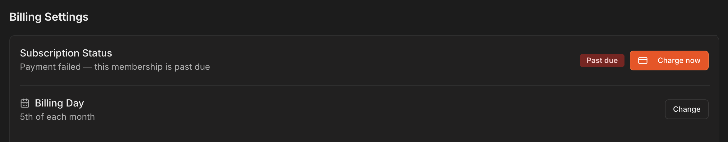 Billing Settings showing Subscription Status with a Past due badge and the Charge now button