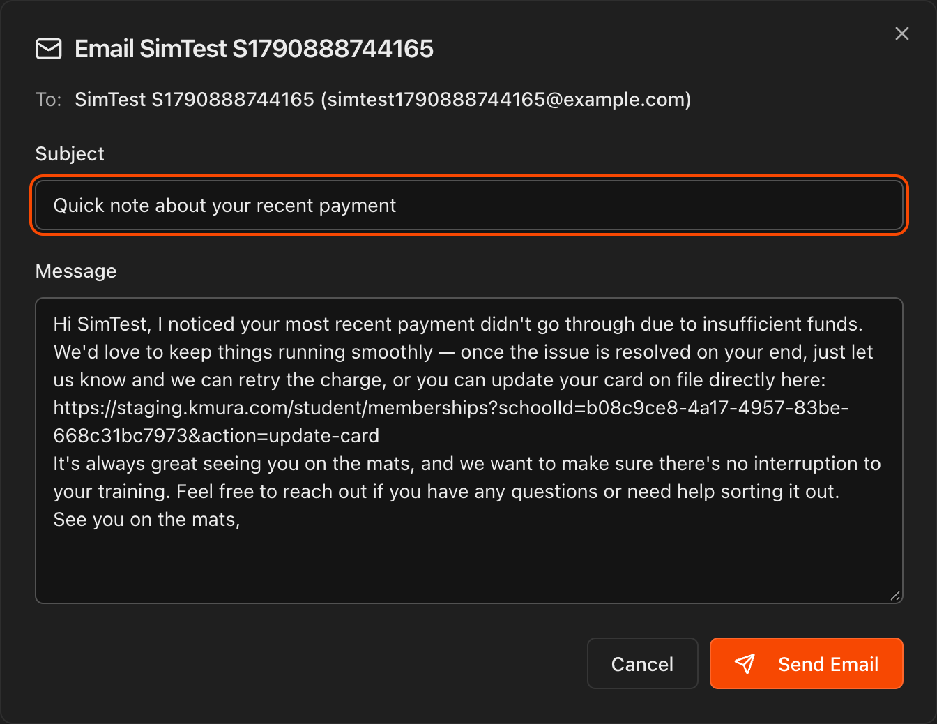 Email dialog opened from Contact member with the To, Subject and Message fields pre-filled by AI and the Send Email button