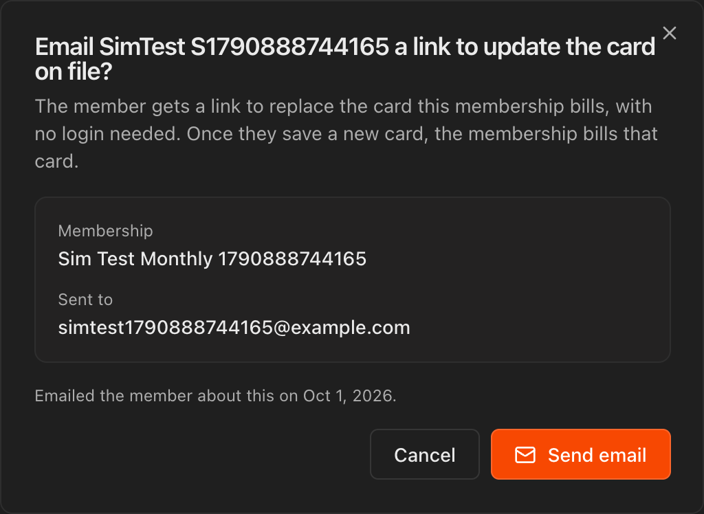 Confirmation dialog for emailing the student a link to update the card on file, showing the membership, the email address and the Send email button