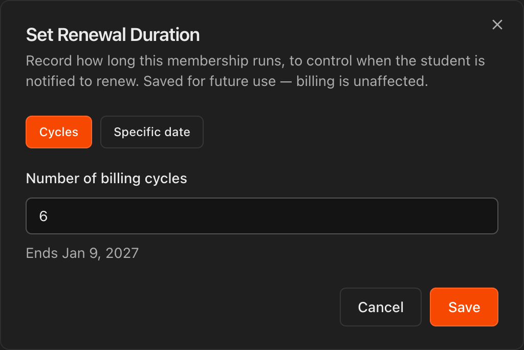 Renewal Duration dialog showing Cycles and Specific date options and the Auto Renew toggle