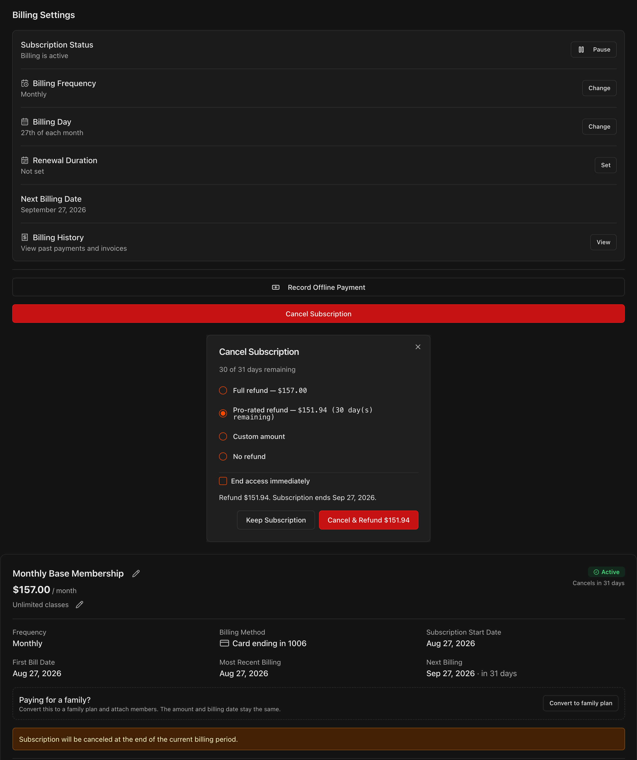 Cancel Subscription dialog with refund and access options