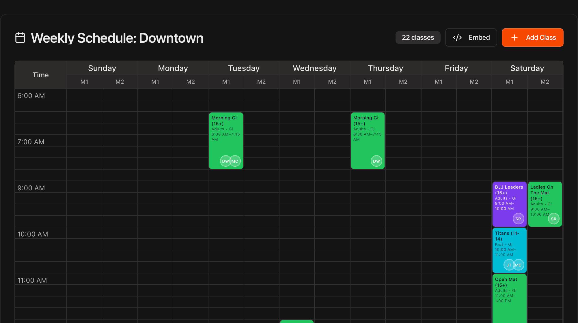 Schedule page showing a weekly view with color-coded class blocks