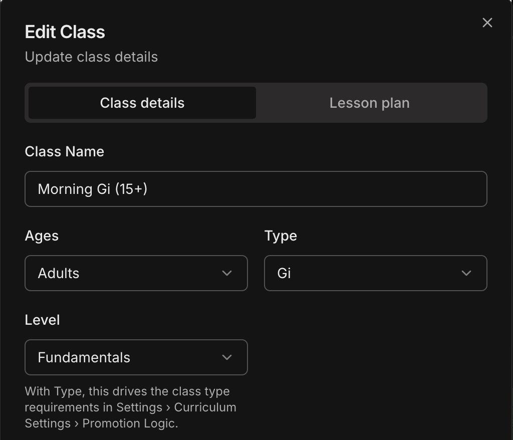 Edit Class dialog showing the Type field set to Gi and the Level field set to Fundamentals, with the note that they drive class type requirements