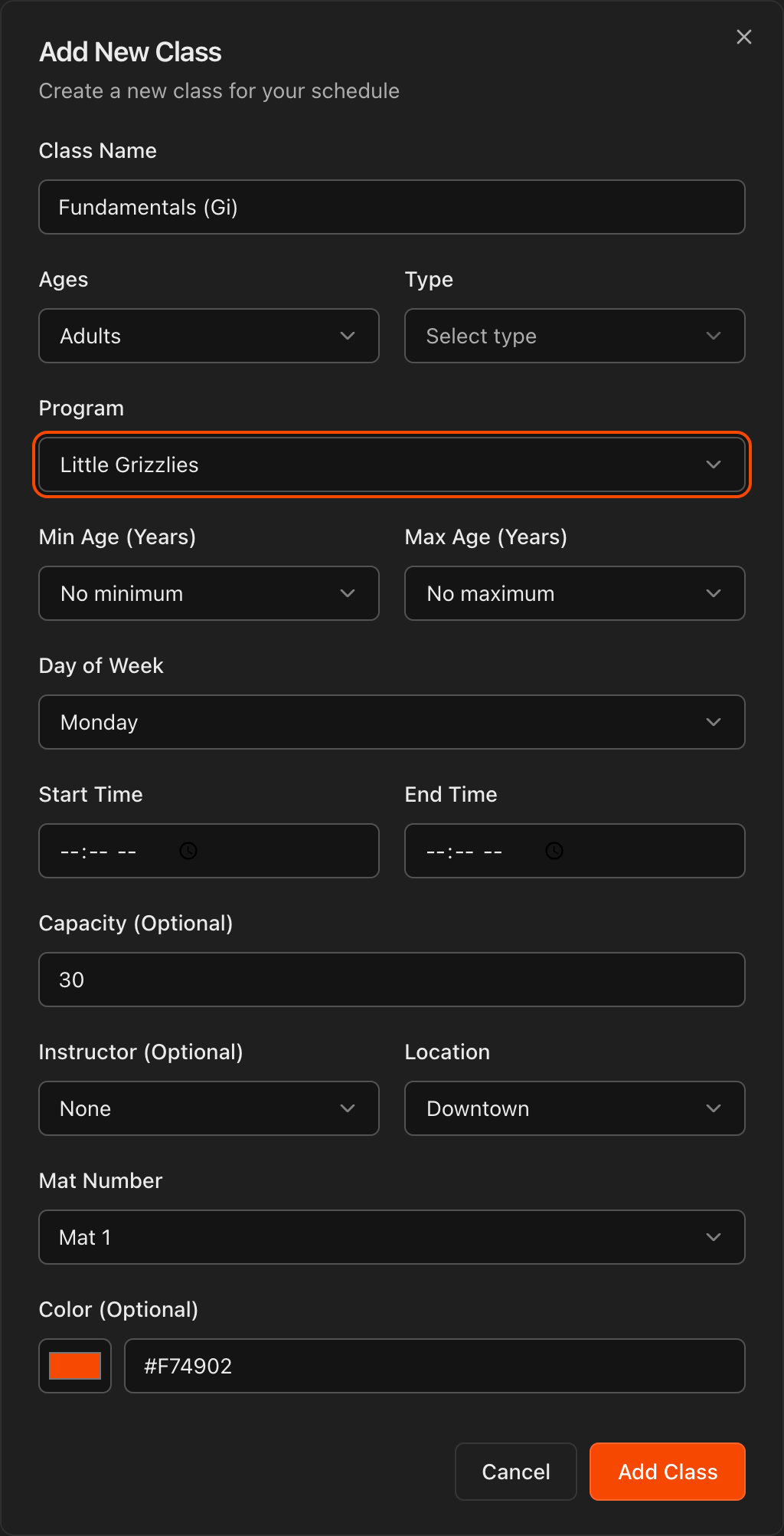 Add New Class dialog showing the class detail fields