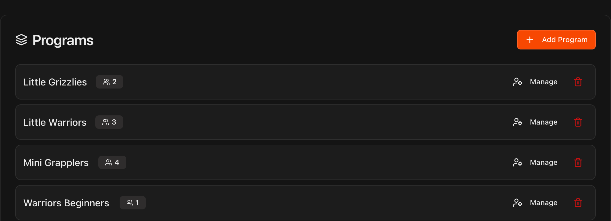 Curriculum Settings Programs page showing custom programs