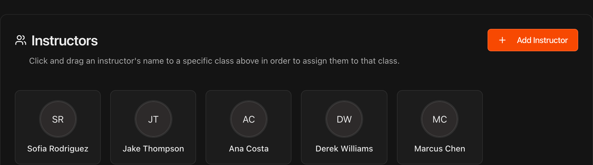 Instructors section at the bottom of the Schedule page with drag-and-drop assignment