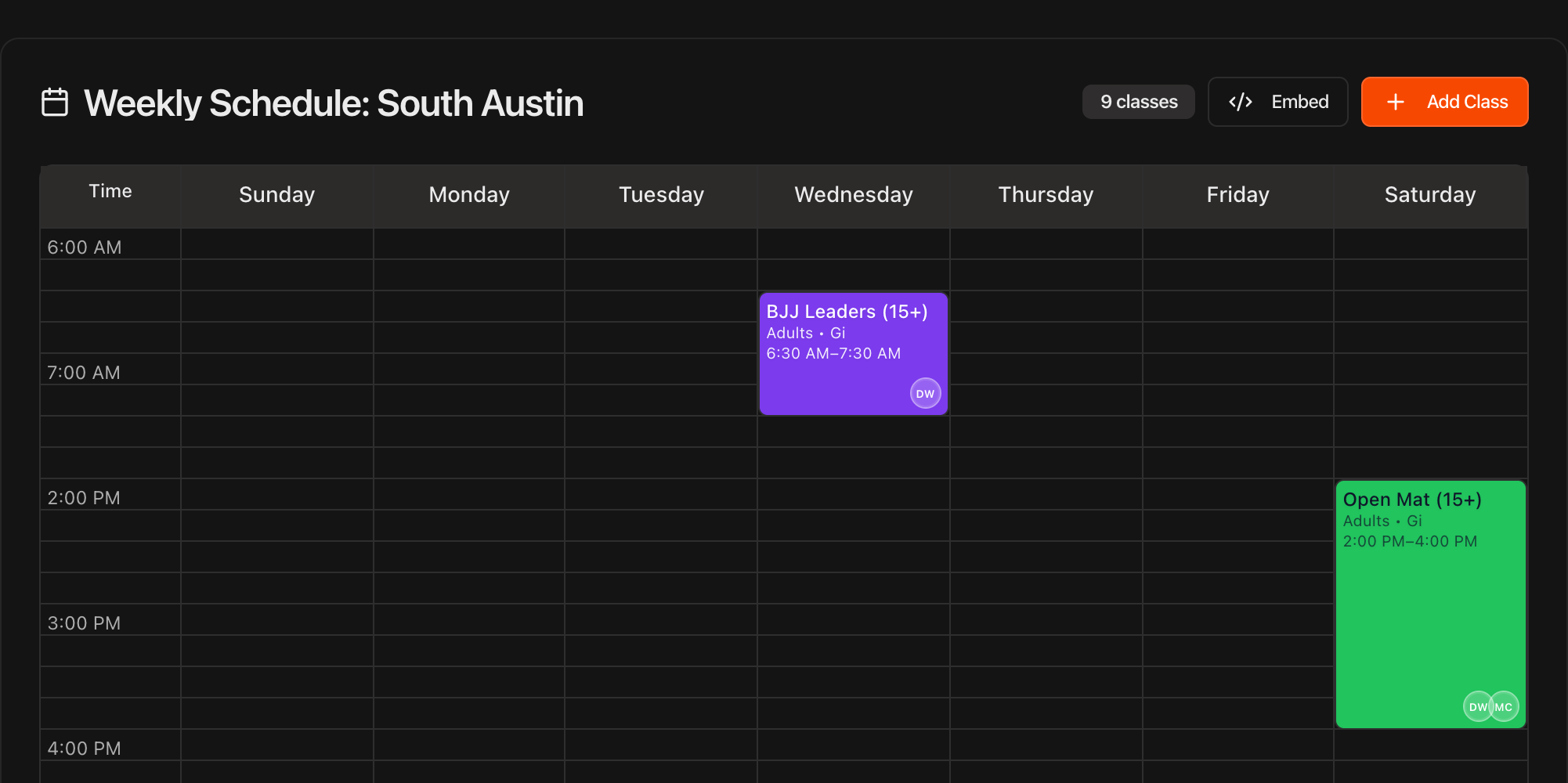 Schedule page showing a location selector with separate schedules per location