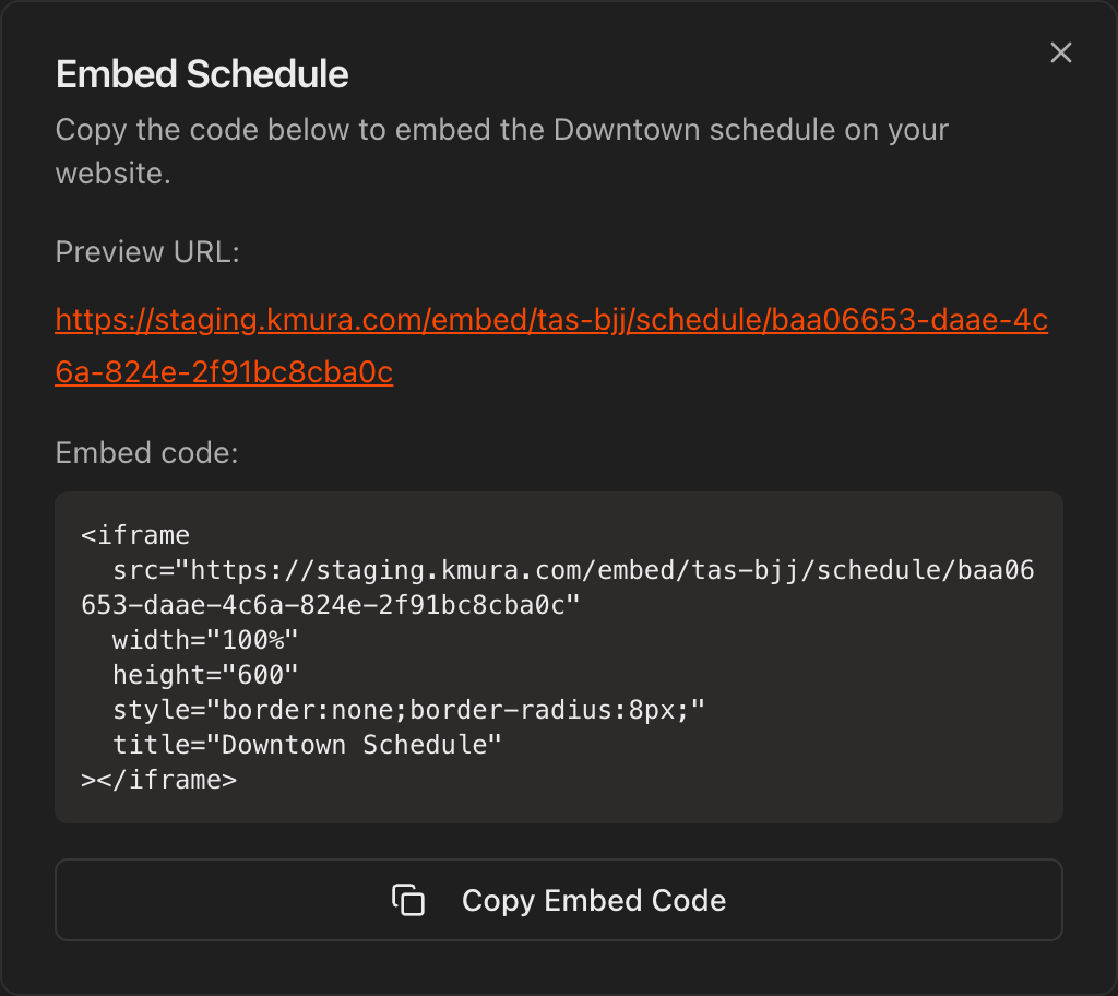 Embed Schedule dialog showing the Copy Embed Code button