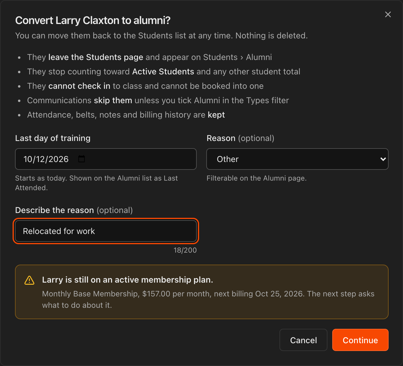 Convert to alumni dialog listing what changes, with Last day of training, Reason set to Other, and a Describe the reason field filled in