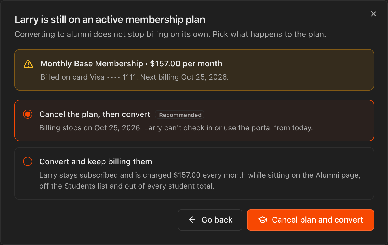 Dialog saying the student is still on an active membership plan, with the Cancel the plan, then convert and Convert and keep billing them options