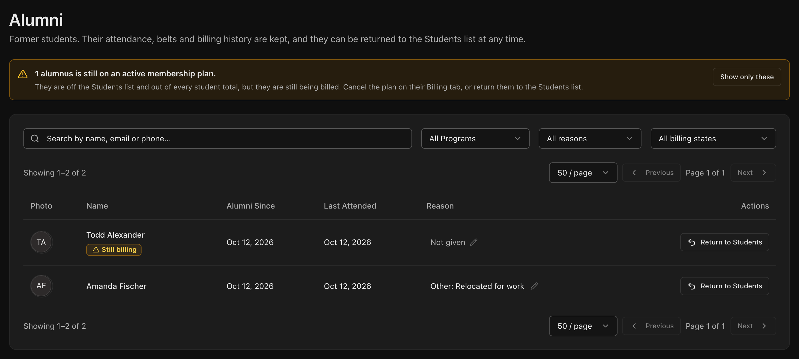 Alumni page with the search box and filters, a banner counting alumni still on a plan, and two alumni rows, one flagged Still billing