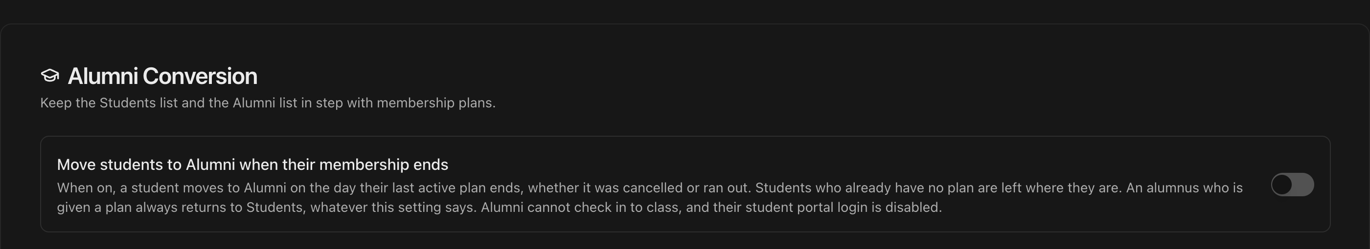 Alumni Conversion card in Settings > Student Portal with the Move students to Alumni when their membership ends switch
