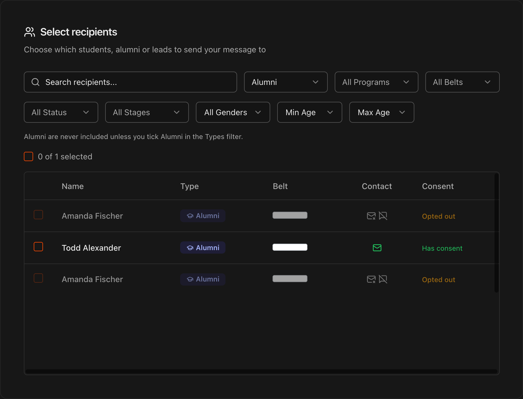 Select recipients card on Communications One-time with the Types filter set to Alumni and the recipient rows tagged Alumni