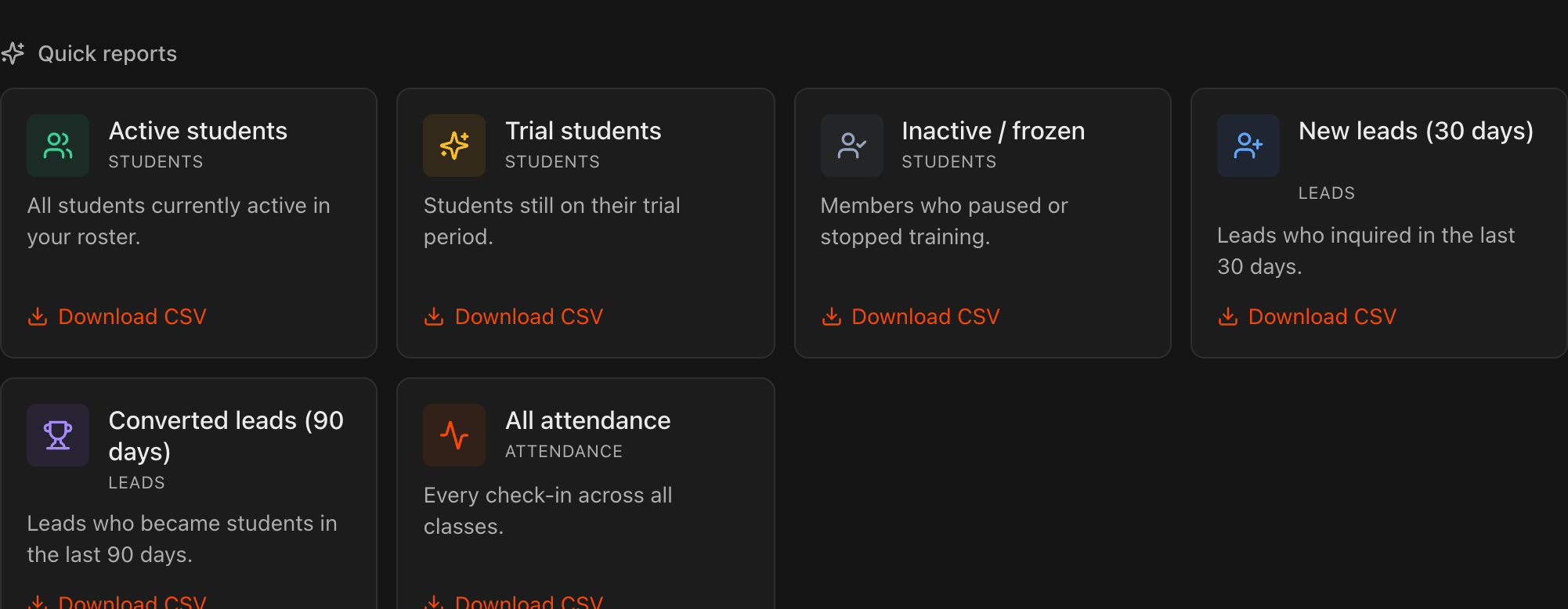 Quick reports cards with a Download CSV button shown on hover