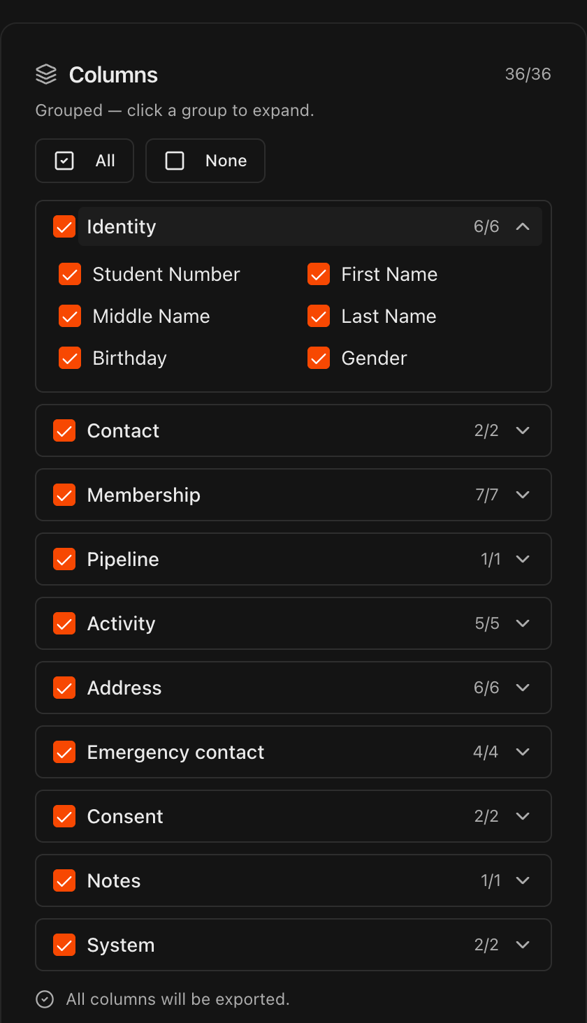 Columns card showing expandable field groups with checkboxes