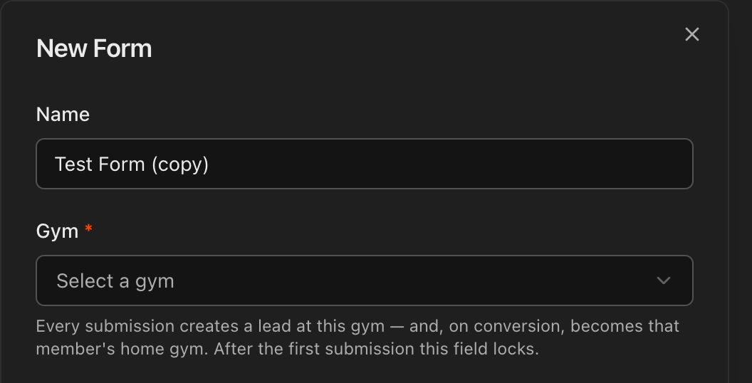 New Form dialog with the Gym field