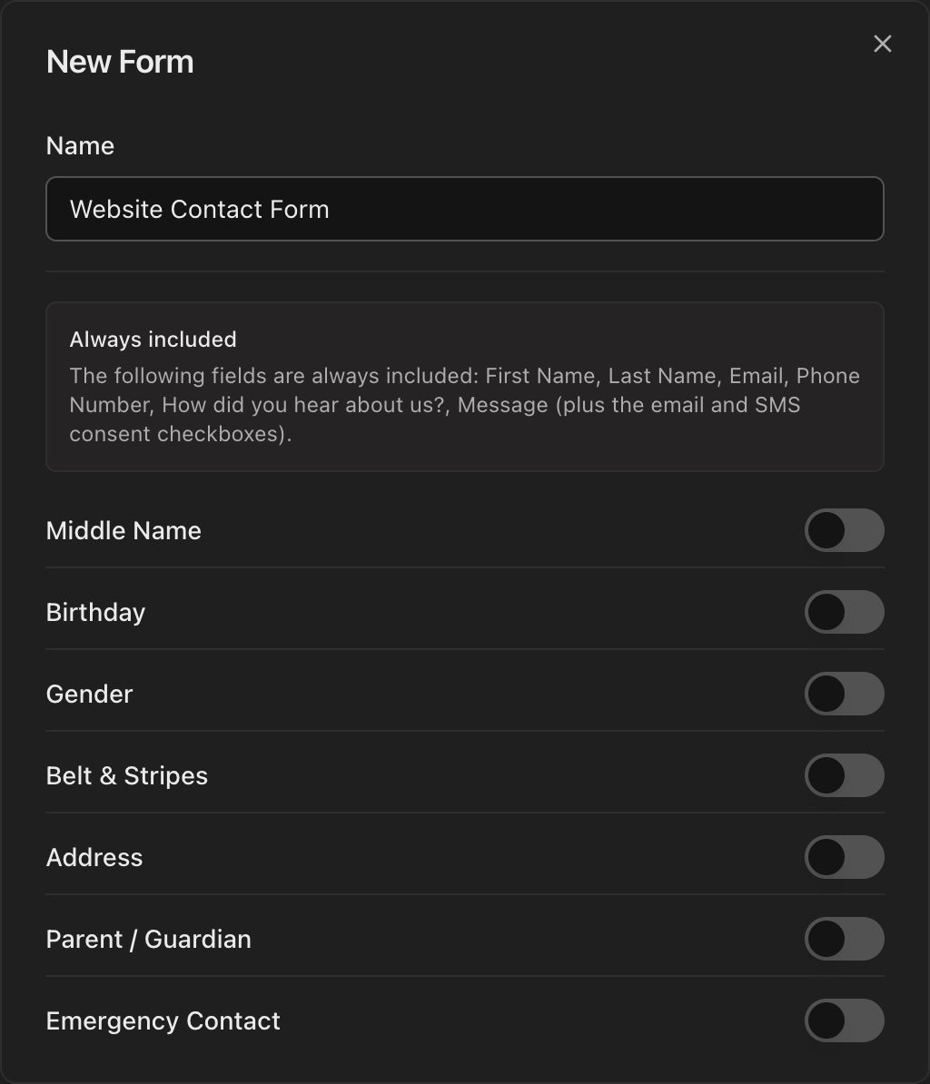New Form dialog showing Name field and toggleable extra fields