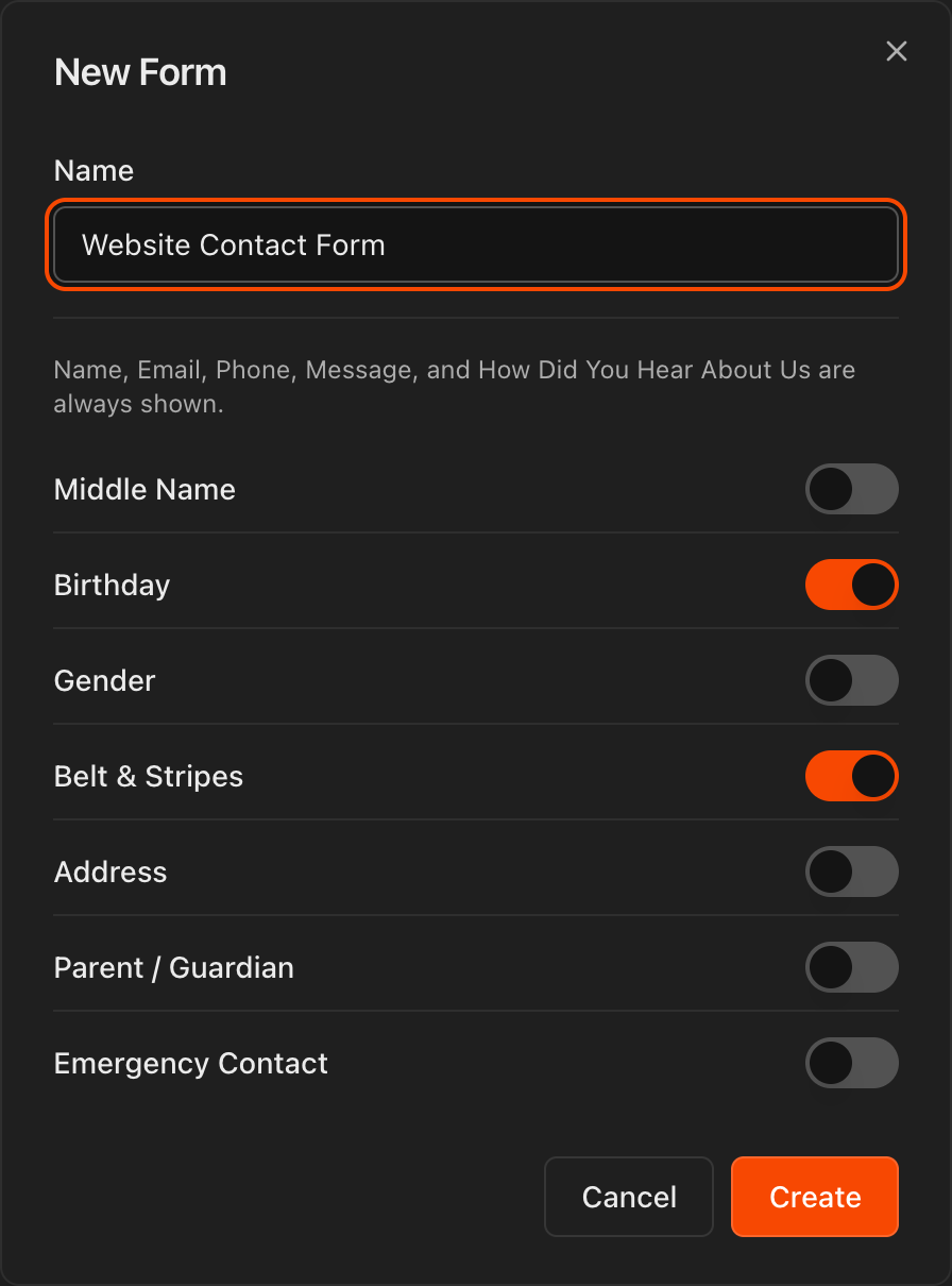 New Form dialog showing Name field and toggleable extra fields