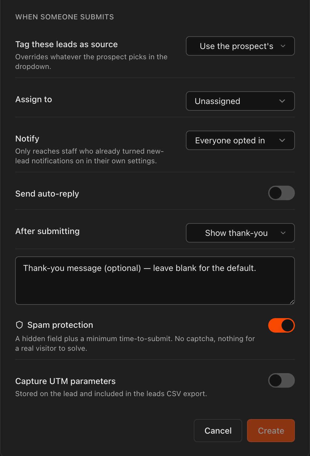 New Form dialog showing submission routing, automation, spam protection, and UTM settings