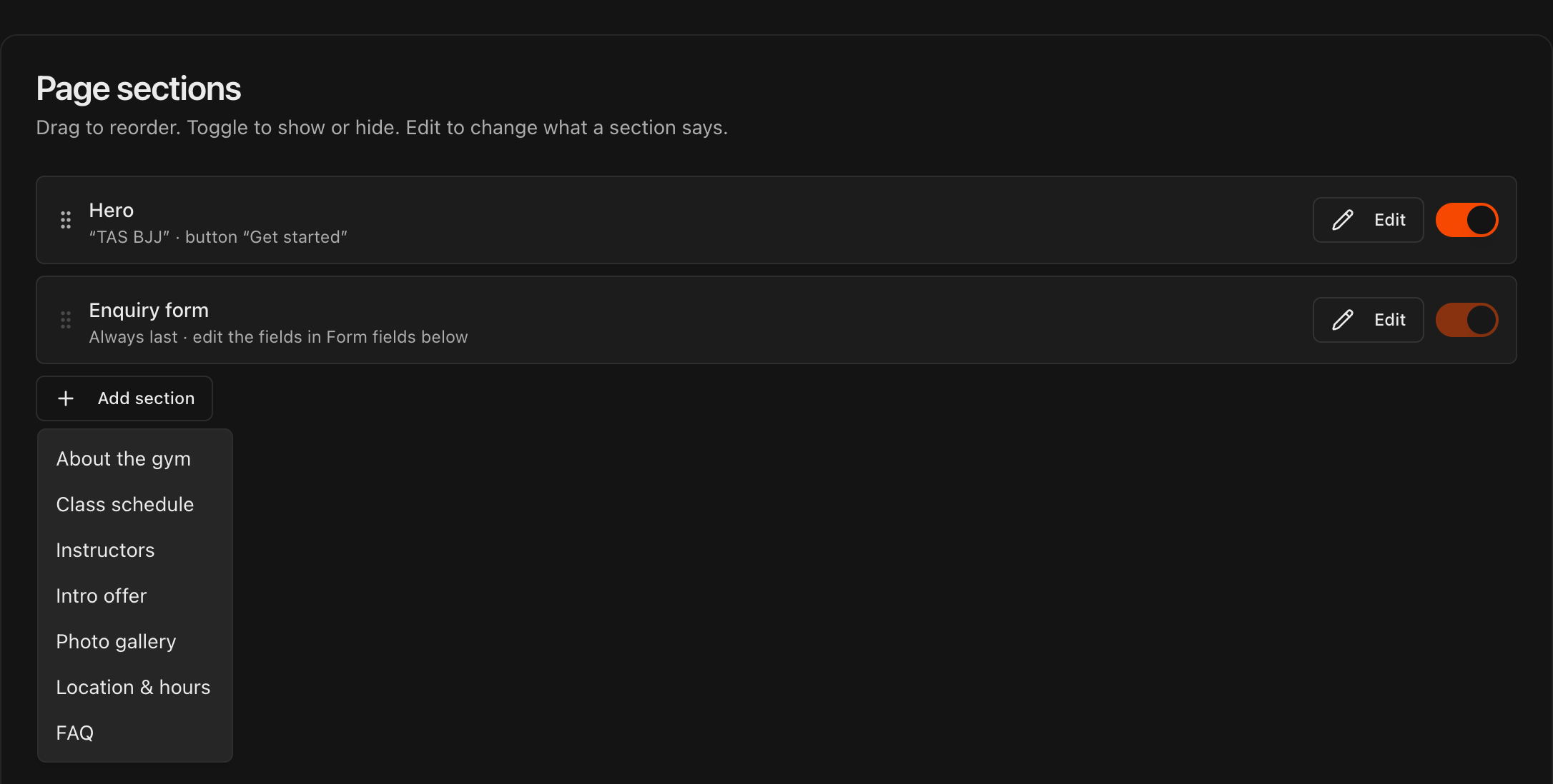 Page sections editor with section controls and live phone and desktop preview