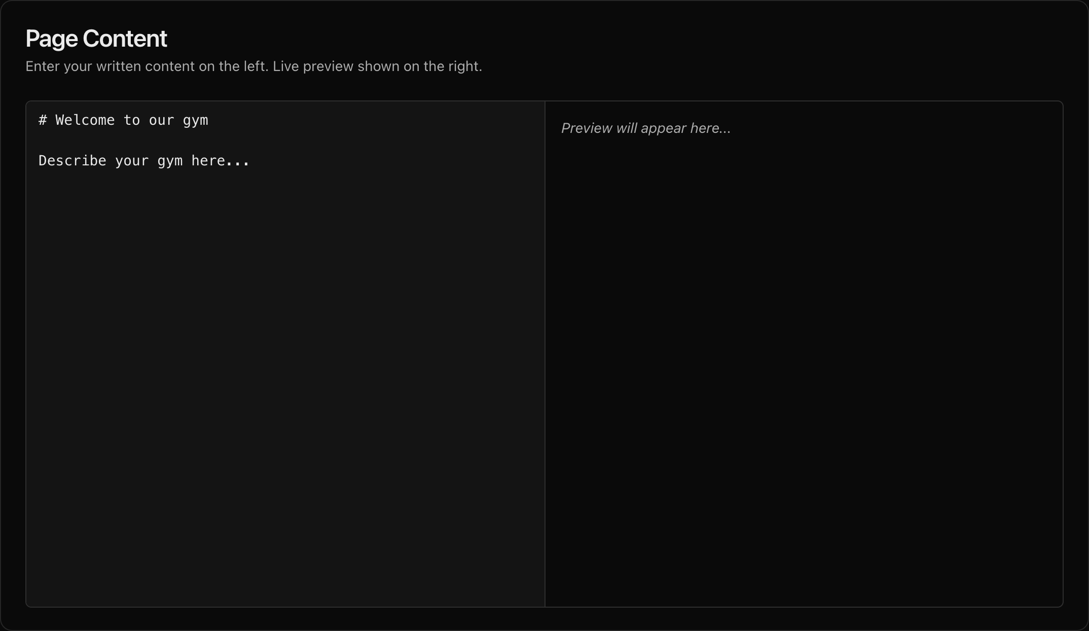Page Content editor with Markdown input on the left and Live preview on the right
