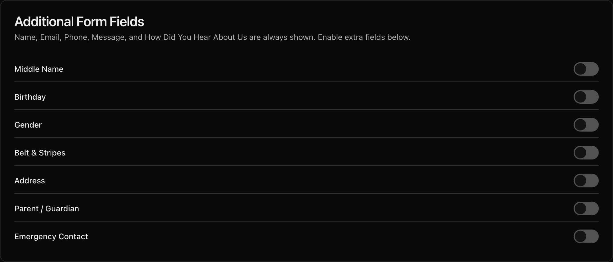 Additional Form Fields section showing toggleable extra fields